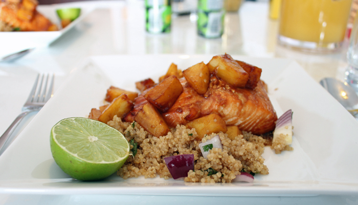BROWN SUGAR HONEY MARINATED SALMON W/ CARAMELIZED PINEAPPLE QUINOA