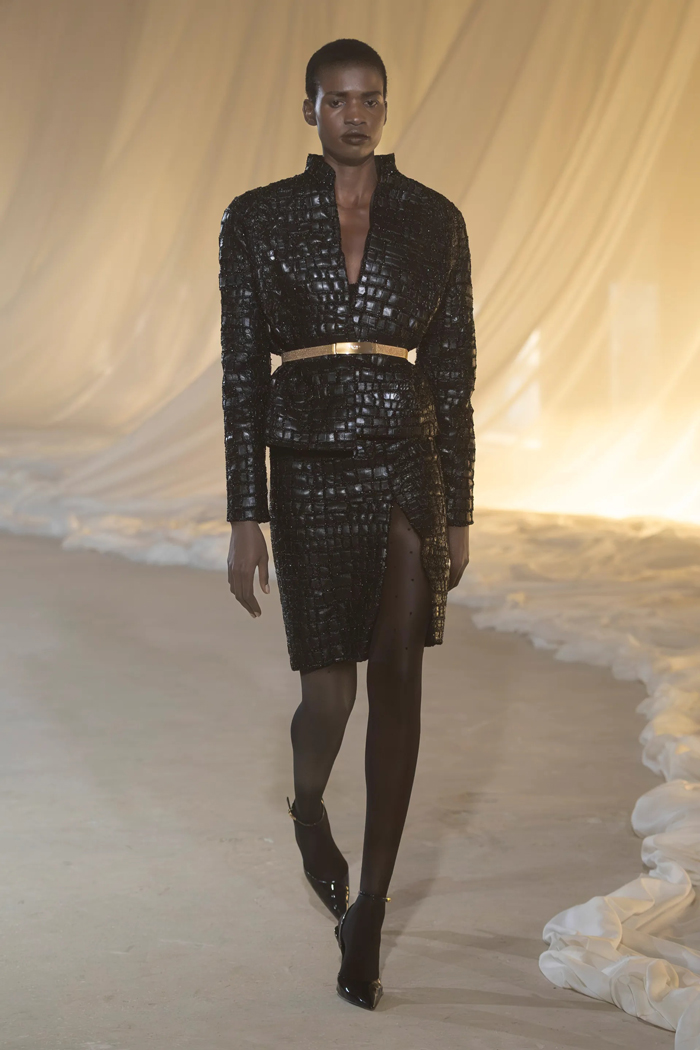 Balmain Fall 2026 black leather tailored runway look 
