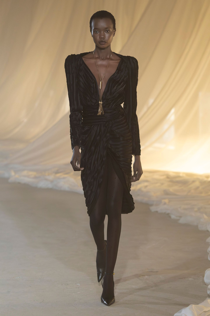 Balmain Fall 2026 statement wrap dress runway look