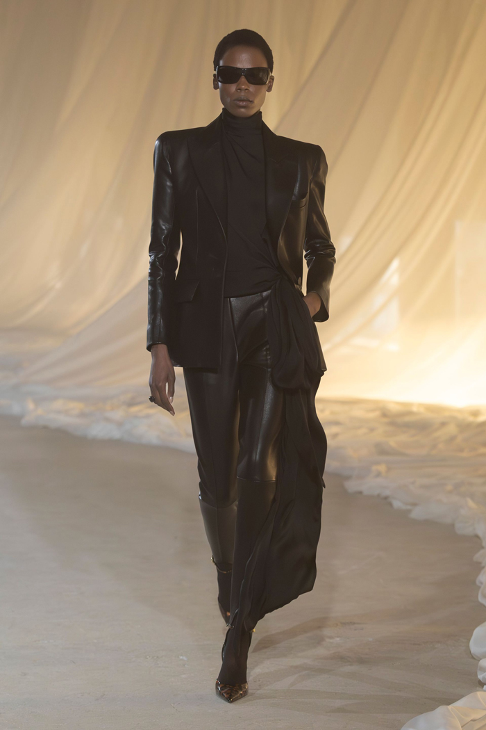 Balmain Fall 2026 black leather tailored runway look 