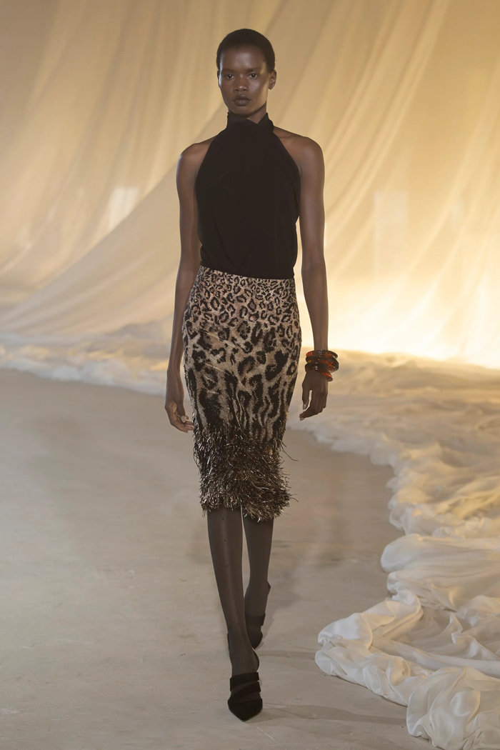 Balmain Fall 2026 leopard print skirt black halter top