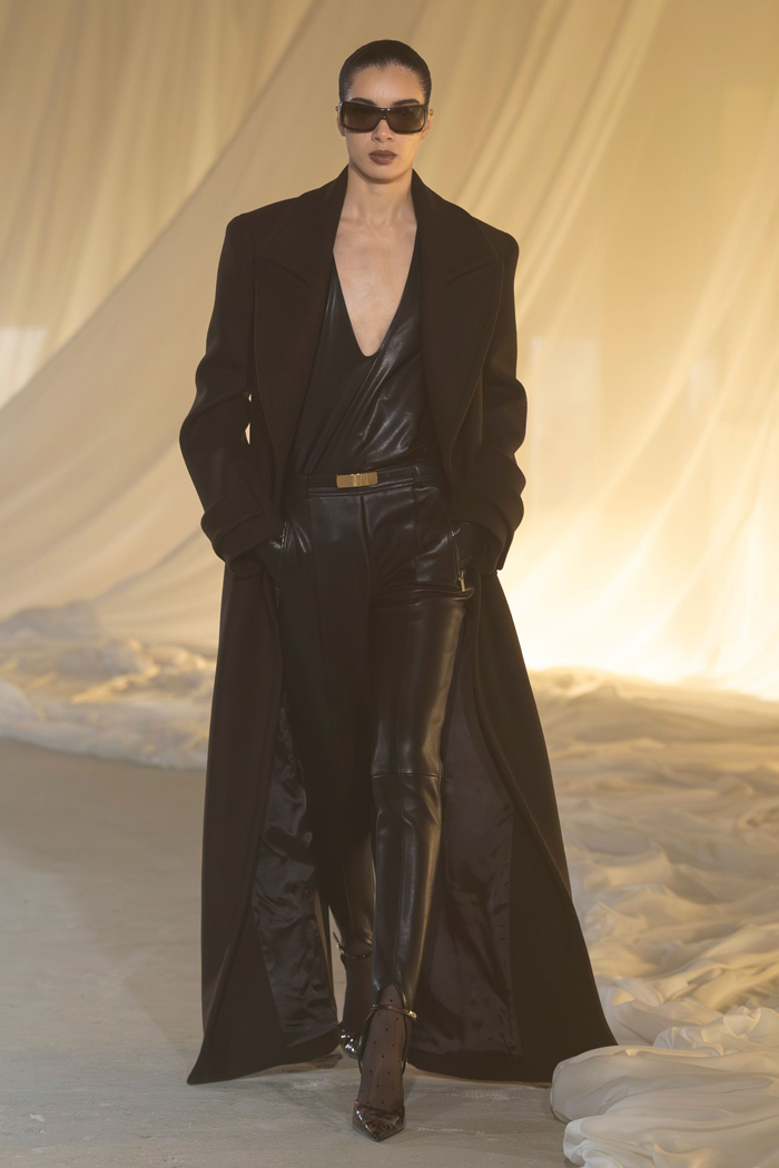 Balmain Fall 2026 black leather tailored runway look 