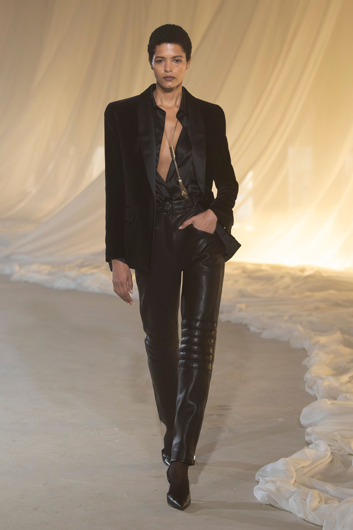 Balmain Fall 2026 black leather moto pants runway look 