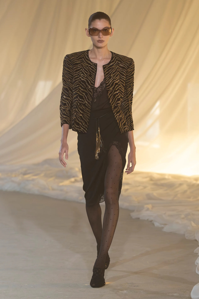 Balmain Fall 2026 gold embellished statement blazer runway look