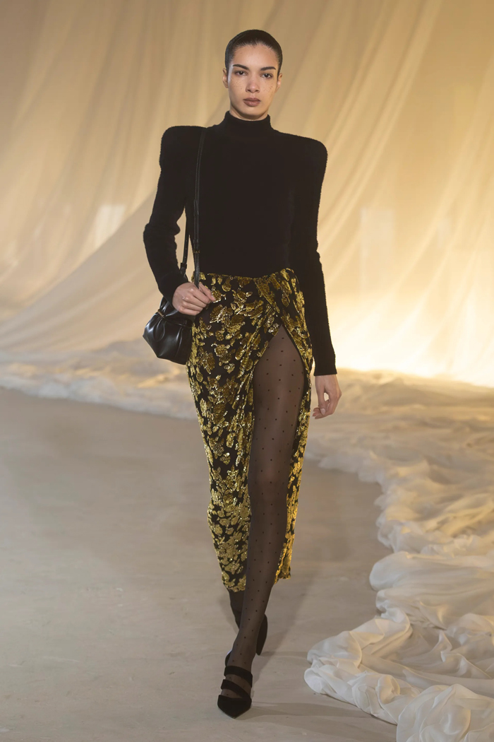 Balmain Fall 2026 gold embellished wrap skirt 